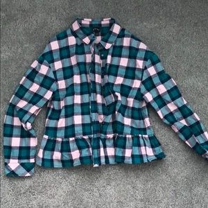 Girls large button down shirt blue and pink.